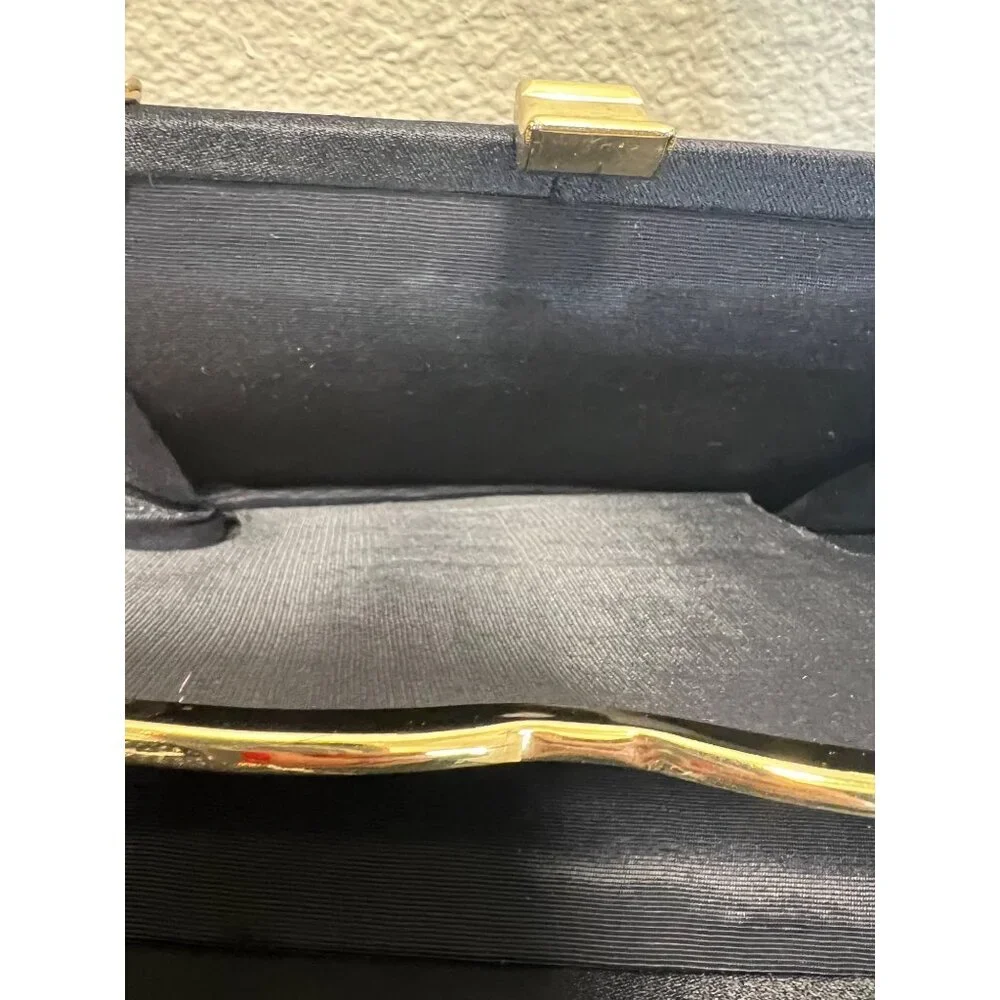 Vintage Black Satin Clutch Purse With Gold Chain Strap & Frame